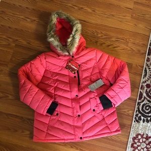 Swiss tech bibbed solar ball offer jacket lined faux fur collar coral